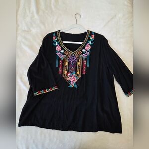 Peasant Style Embroidered Black Women's Top